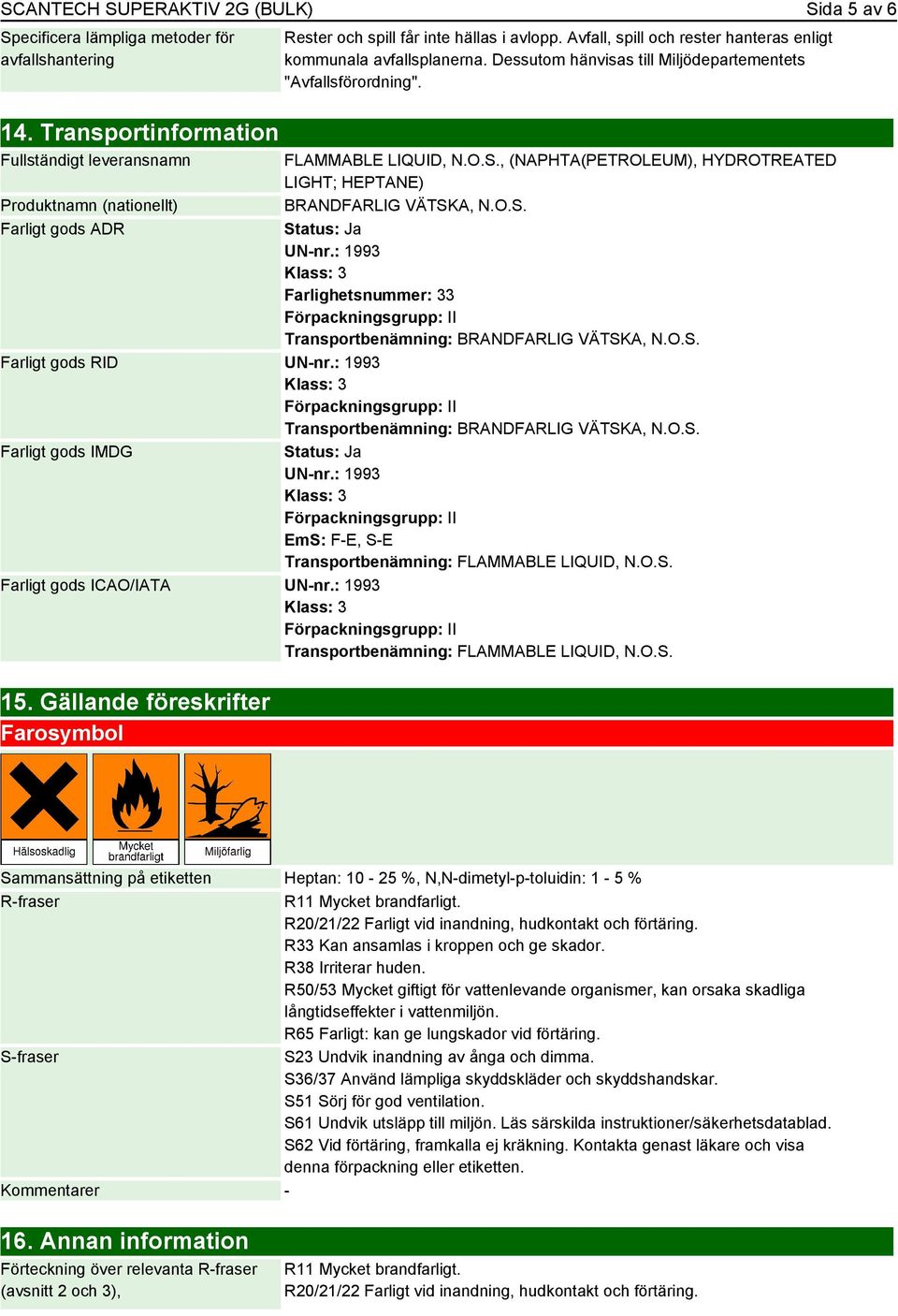 Transportinformation Fullständigt leveransnamn FLAMMABLE LIQUID, N.O.S., (NAPHTA(PETROLEUM), HYDROTREATED LIGHT; HEPTANE) Produktnamn (nationellt) BRANDFARLIG VÄTSKA, N.O.S. Farligt gods ADR Status: Ja UN-nr.