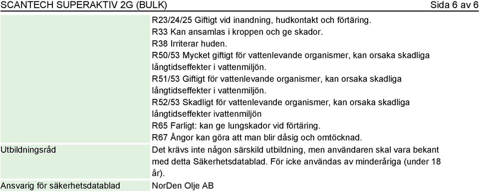 R50/53 Mycket giftigt för vattenlevande organismer, kan orsaka skadliga R51/53 Giftigt för vattenlevande organismer, kan orsaka skadliga R52/53 Skadligt för vattenlevande