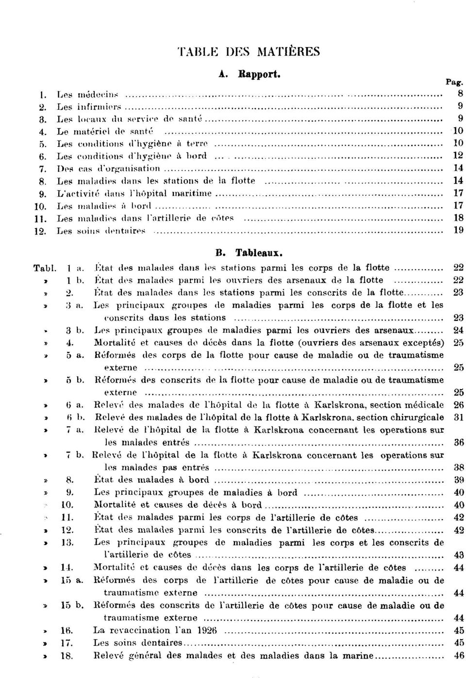 Les maladies dans l'artillerie de côtes 18 12. Les soins dentaires 19 B. Tableaux. Tabl. 1 a. État des malades dans les stations parmi les corps de la flotte 22 Tabl. 1 b.