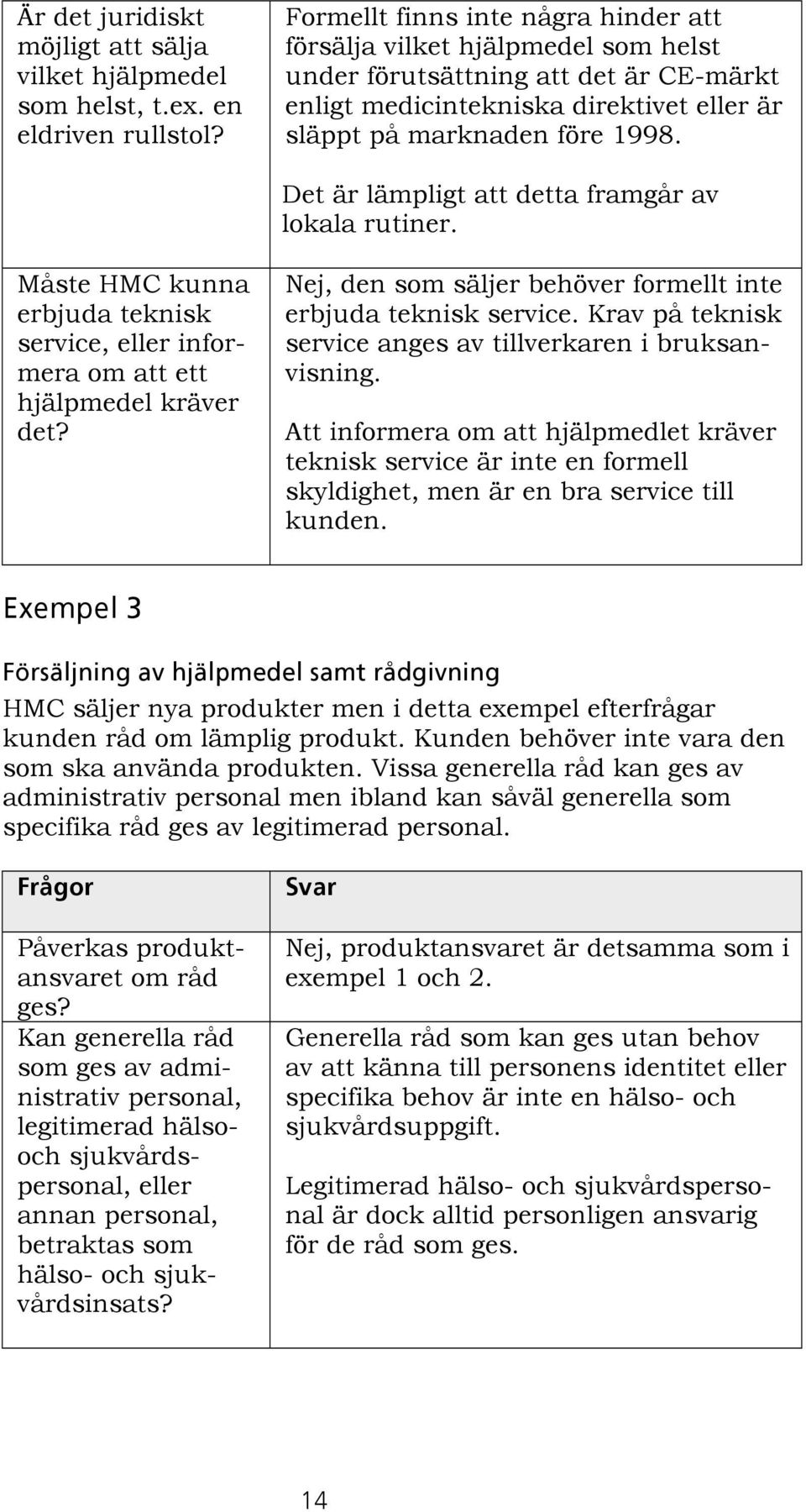 Det är lämpligt att detta framgår av lokala rutiner. Måste HMC kunna erbjuda teknisk service, eller informera om att ett hjälpmedel kräver det?