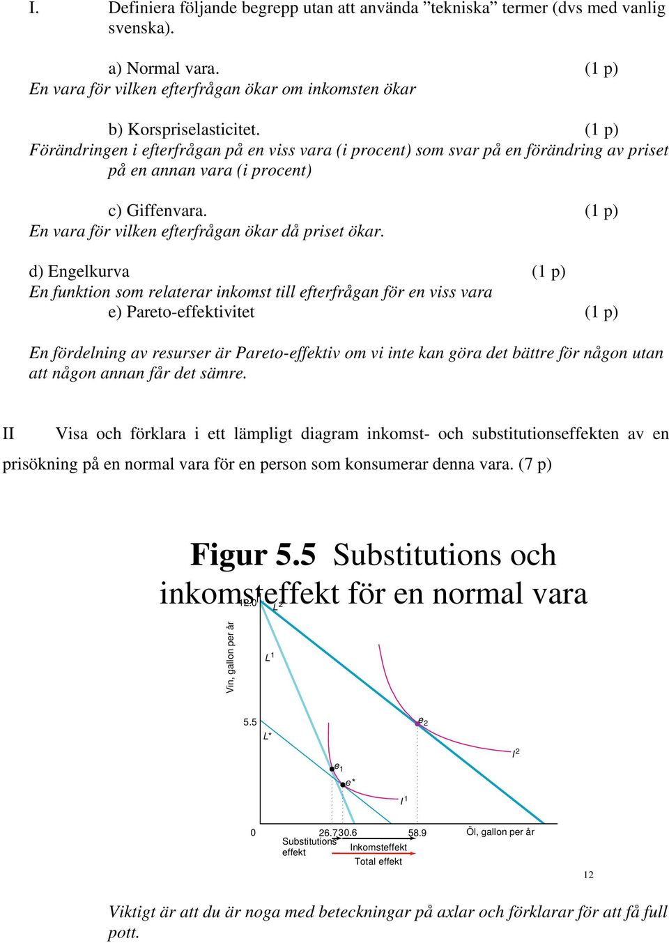 d) Engelkurva (1 p) En funktion som relaterar inkomst till efterfrågan för en viss vara e) Pareto-effektivitet (1 p) En fördelning av resurser är Pareto-effektiv om vi inte kan göra det bättre för