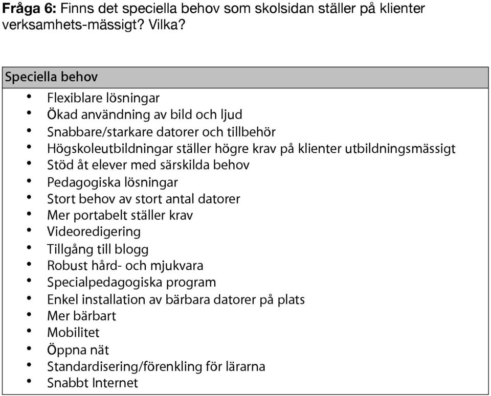 klienter utbildningsmässigt Stöd åt elever med särskilda behov Pedagogiska lösningar Stort behov av stort antal datorer Mer portabelt ställer krav