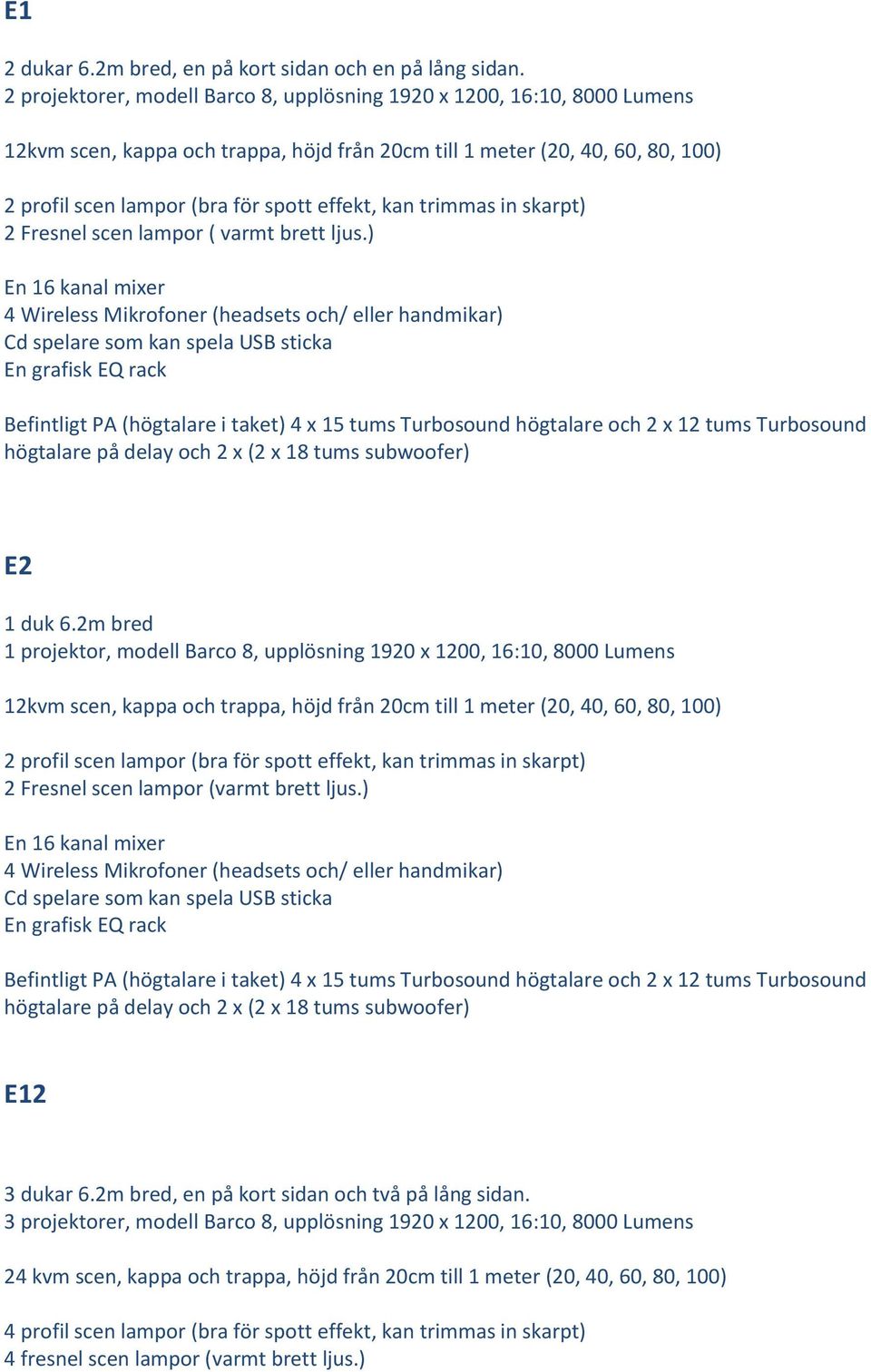 ) (högtalare i taket) 4 x 15 tums Turbosound högtalare och 2 x 12 tums Turbosound E2 1 duk 6.