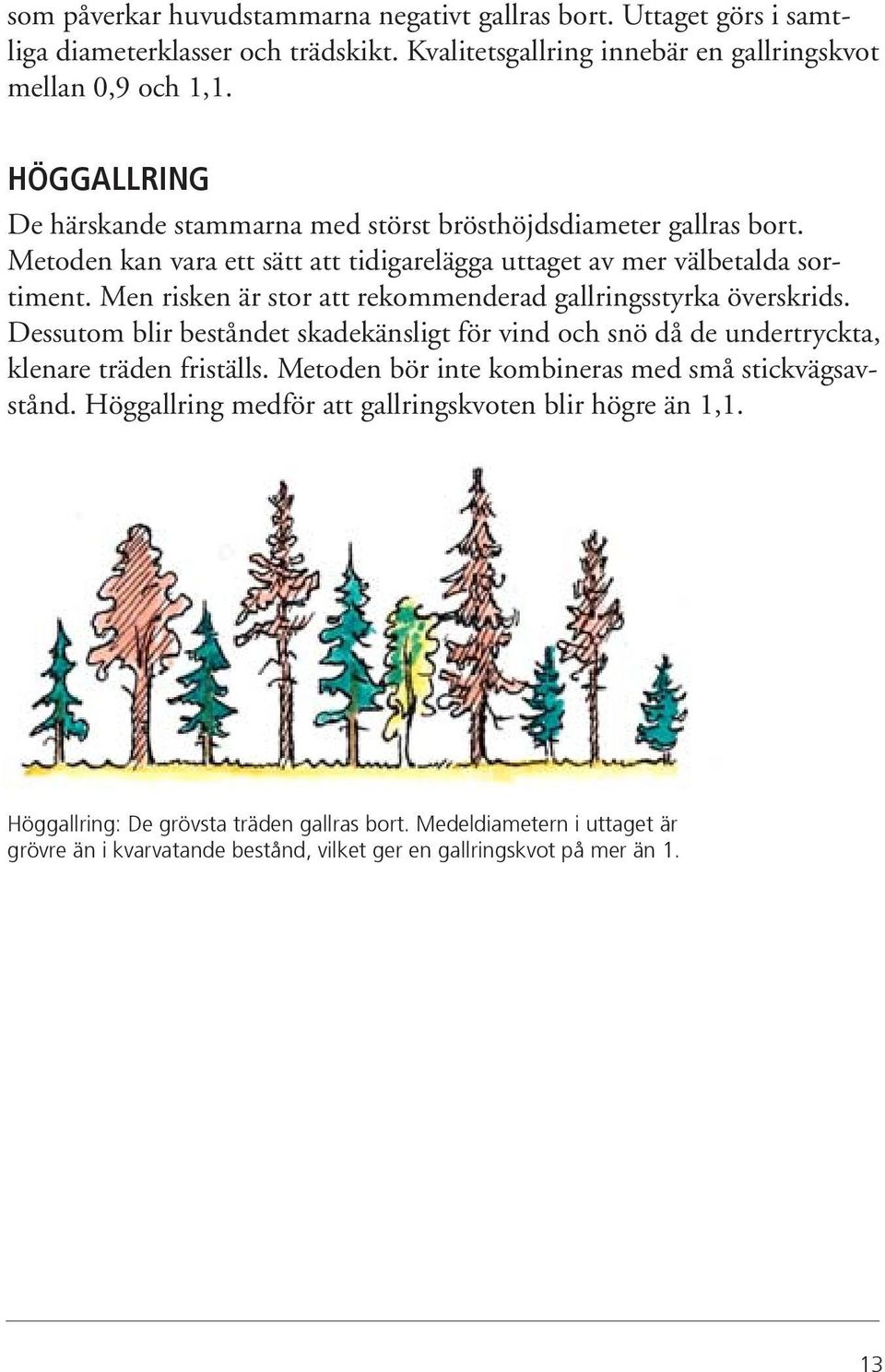 Men risken är stor att rekommenderad gallringsstyrka överskrids. Dessutom blir beståndet skadekänsligt för vind och snö då de undertryckta, klenare träden friställs.