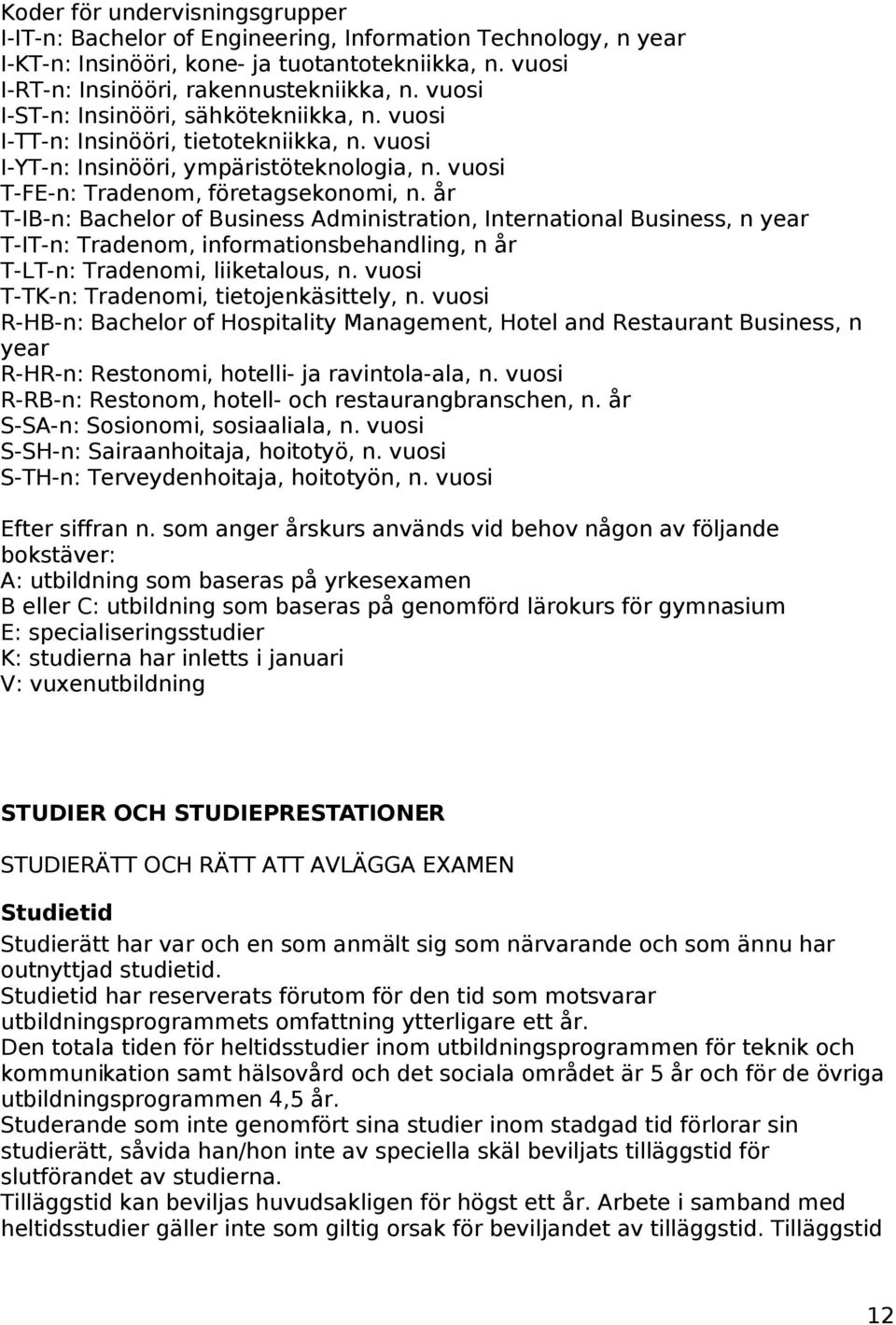 år T-IB-n: Bachelor of Business Administration, International Business, n year T-IT-n: Tradenom, informationsbehandling, n år T-LT-n: Tradenomi, liiketalous, n.