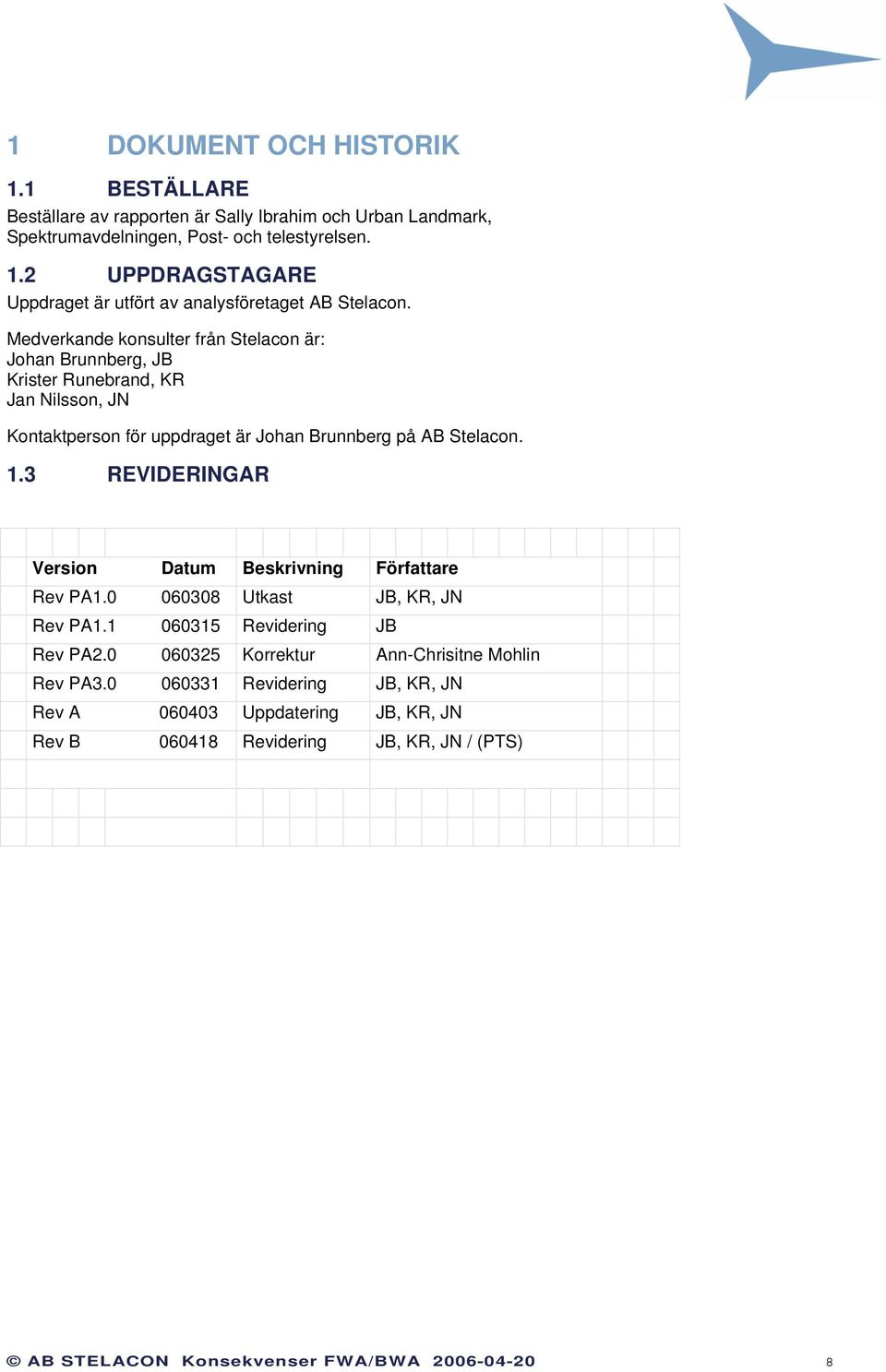 3 REVIDERINGAR Version Datum Beskrivning Författare Rev PA1.0 060308 Utkast JB, KR, JN Rev PA1.1 060315 Revidering JB Rev PA2.0 060325 Korrektur Ann-Chrisitne Mohlin Rev PA3.