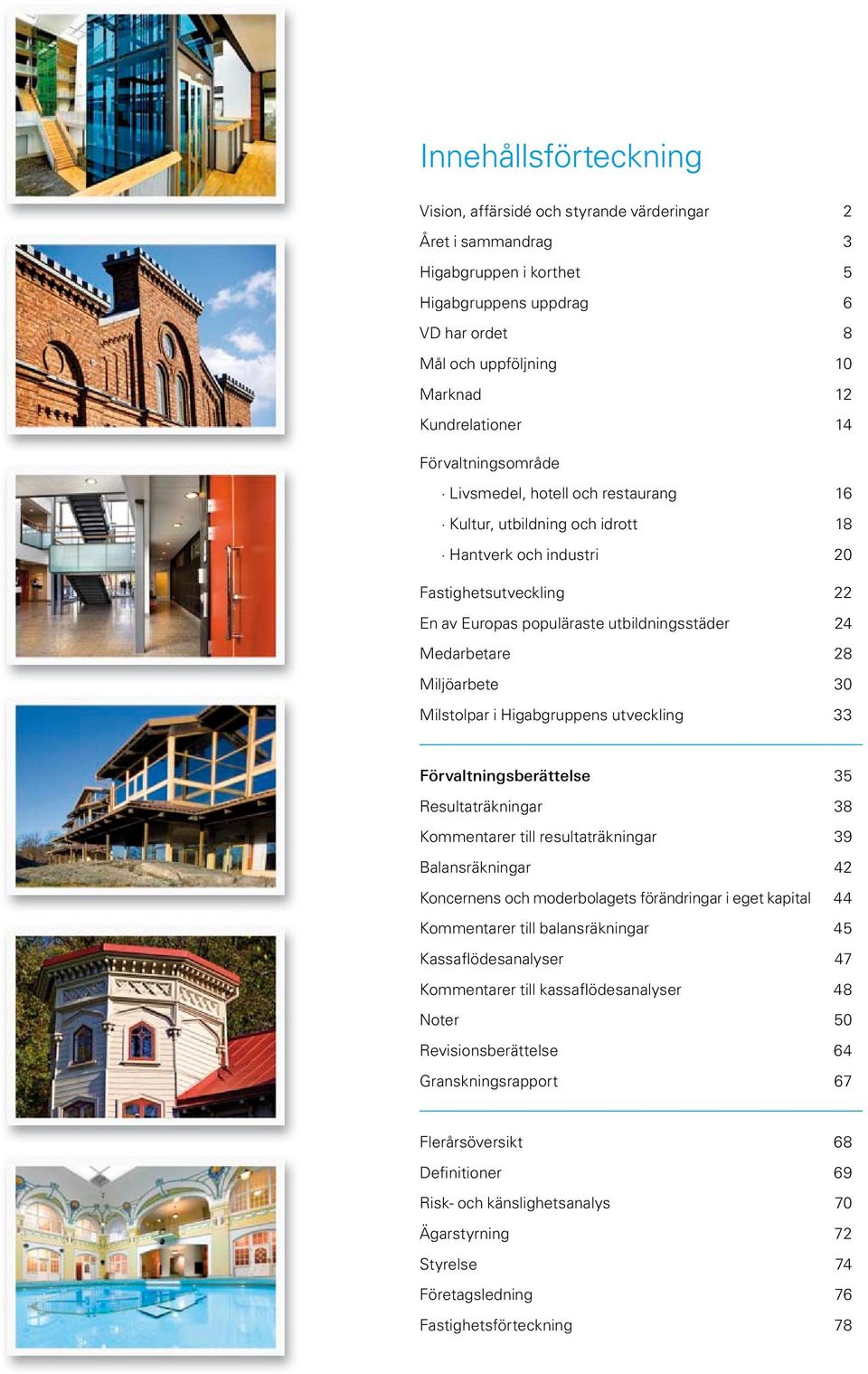 28 Miljöarbete 30 Milstolpar i Higabgruppens utveckling 33 Förvaltningsberättelse 35 Resultaträkningar 38 Kommentarer till resultaträkningar 39 Balansräkningar 42 Koncernens och moderbolagets