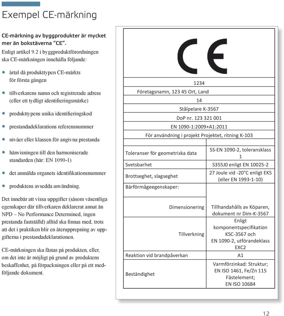 produkttypens unika identifieringskod prestandadeklarations referensnummer nivåer eller klassen för angivna prestanda hänvisningen till den harmoniserade standarden (här: EN 1090-1) det anmälda