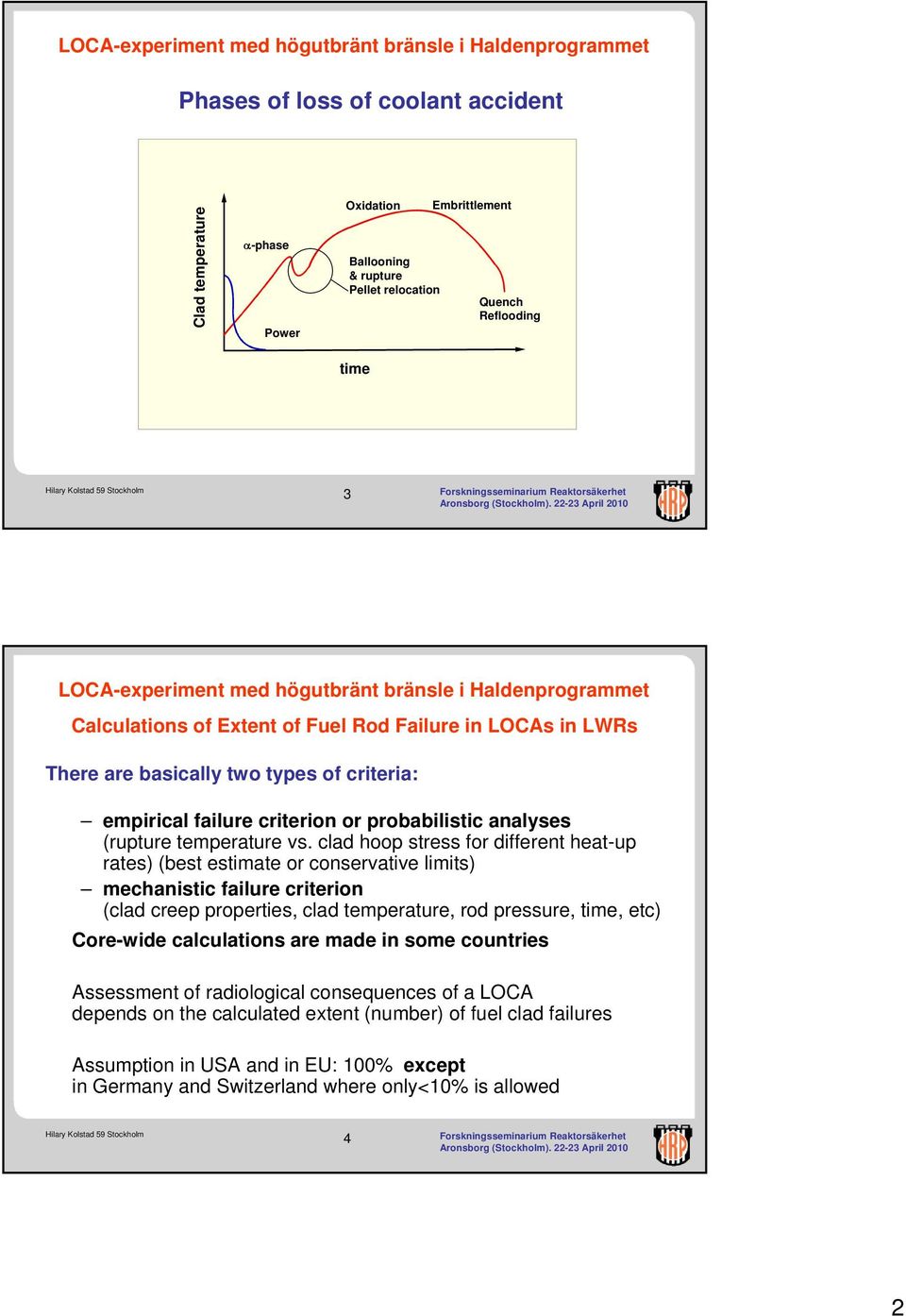 clad hoop stress for different heatup rates) (best estimate or conservative limits) mechanistic failure criterion (clad creep properties, clad temperature, rod pressure, time, etc) Corewide
