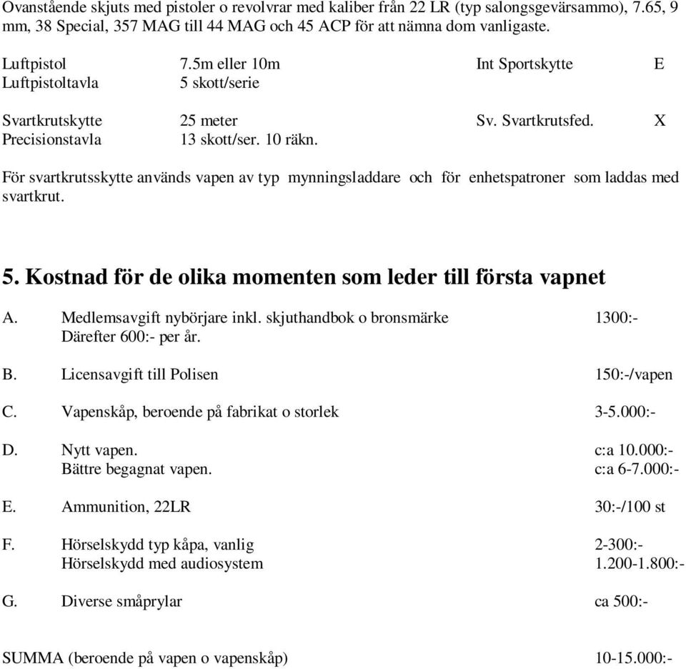 För svartkrutsskytte används vapen av typ mynningsladdare och för enhetspatroner som laddas med svartkrut. 5. Kostnad för de olika momenten som leder till första vapnet A.