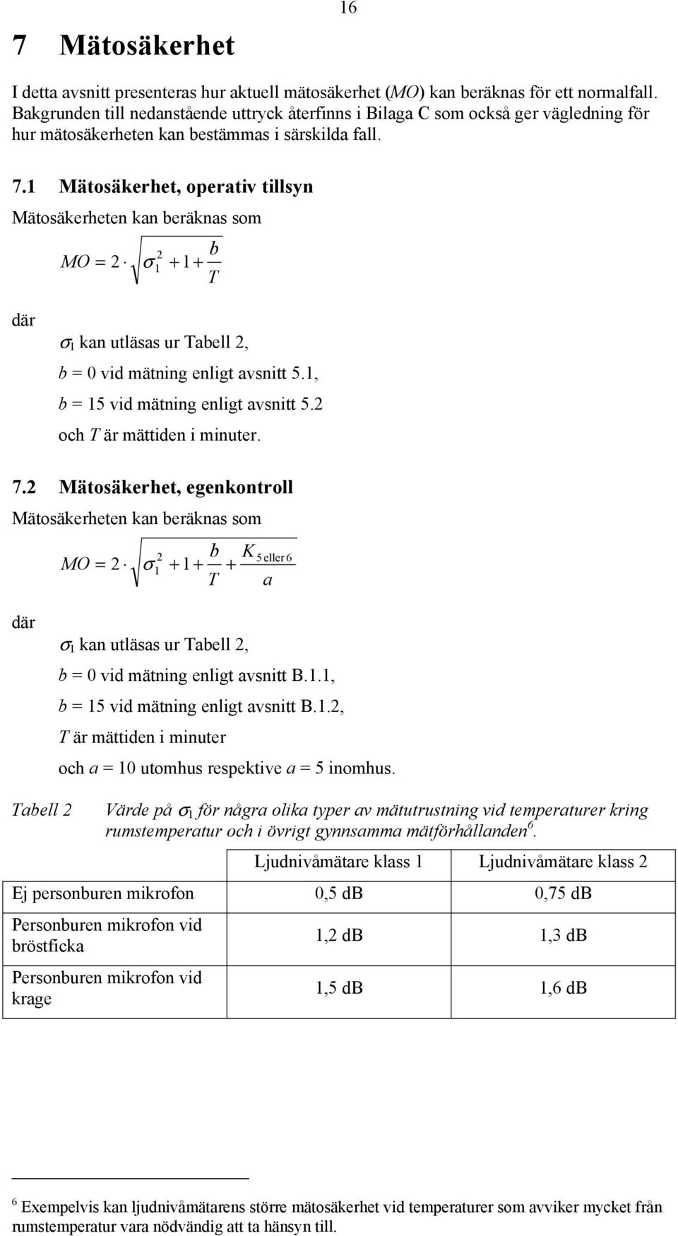 1 Mätosäkerhet, operativ tillsyn Mätosäkerheten kan beräknas som 2 b MO = 2 σ 1 + 1 + T där σ 1 kan utläsas ur Tabell 2, b = 0 vid mätning enligt avsnitt 5.1, b = 15 vid mätning enligt avsnitt 5.