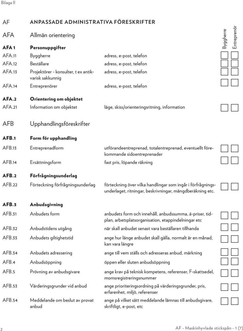 21 Information om objektet läge, skiss/orienteringsritning, information AFB AFB.1 Upphandlingsföreskrifter Form för upphandling AFB.