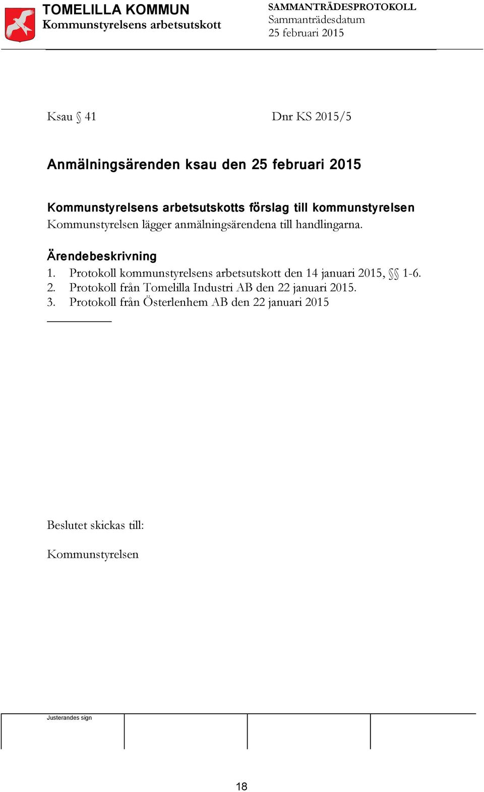 Protokoll kommunstyrelsens arbetsutskott den 14 januari 20