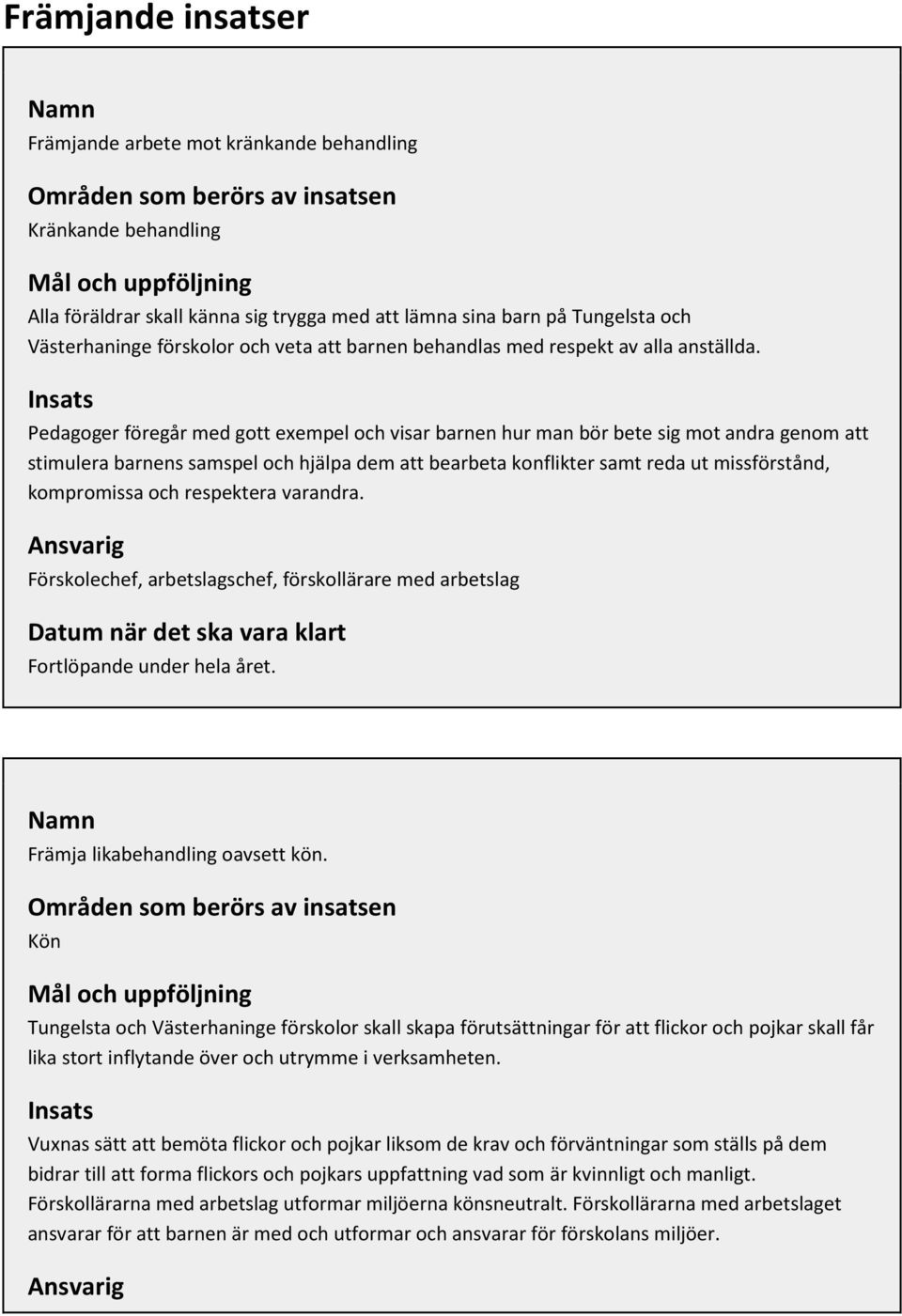 Pedagoger föregår med gott exempel och visar barnen hur man bör bete sig mot andra genom att stimulera barnens samspel och hjälpa dem att bearbeta konflikter samt reda ut missförstånd, kompromissa