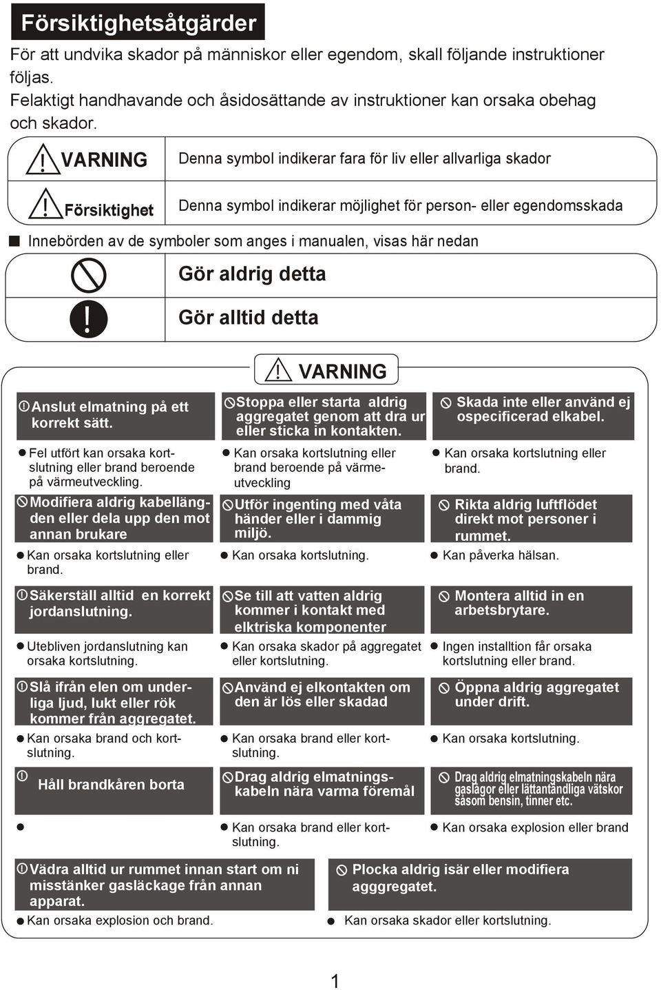 egendomsskada Gör aldrig detta Gör alltid detta Anslut elmatning på ett korrekt sätt. Fel utfört kan orsaka kortslutning eller brand beroende på värmeutveckling.