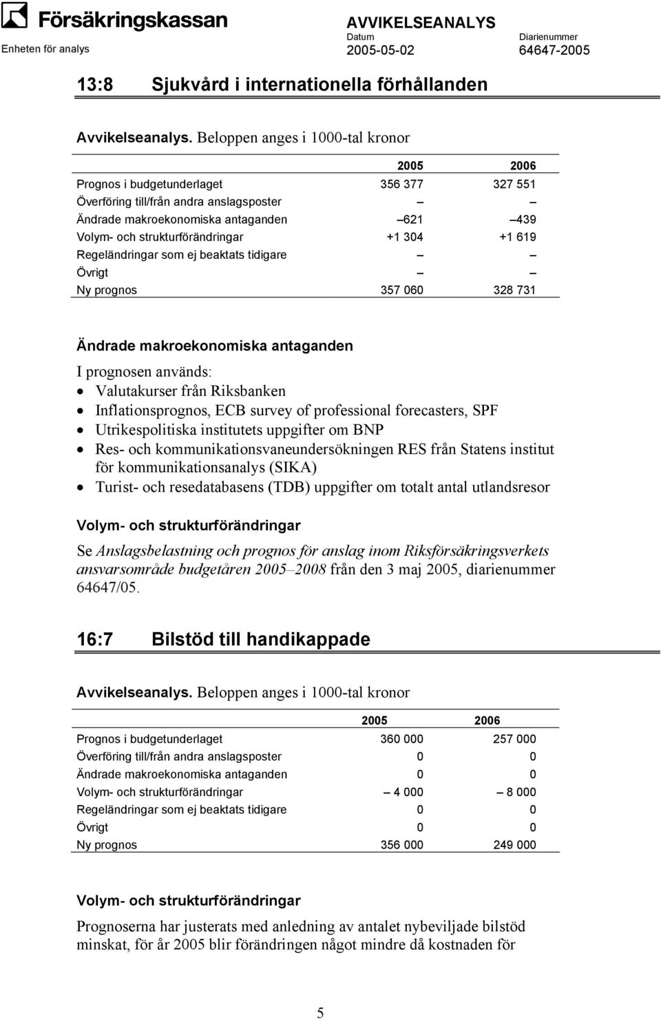 kommunikationsanalys (SIKA) Turist- och resedatabasens (TDB) uppgifter om totalt antal utlandsresor Se Anslagsbelastning och prognos för anslag inom Riksförsäkringsverkets ansvarsområde budgetåren