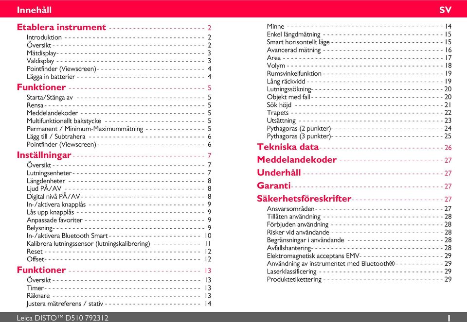 - - - - - - - - - 3 Pontfnder (Vewscreen)- - - - - - - - - - - - - - - - - - - - - - - - - - - 4 Lägga n batterer - - - - - - - - - - - - - - - - - - - - - - - - - - - - - - - - 4 Funktoner - - - - -