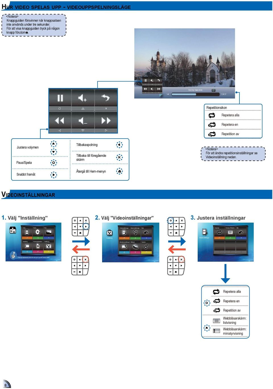 repetitionsinställningar se Videoinställning nedan. VI D E O I N S T Ä L L N I N G A R 1. Välj "Inställning" 2. Välj "Videoinställningar" 3.