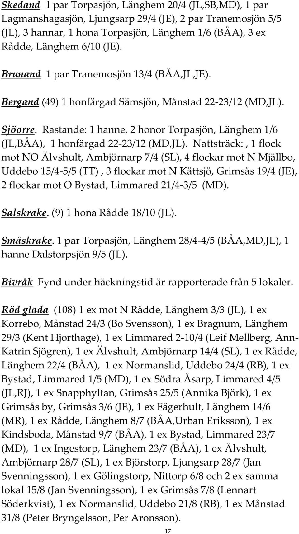 Rastande: 1 hanne, 2 honor Torpasjön, Länghem 1/6 (JL,BÅA), 1 honfärgad 22-23/12 (MD,JL).