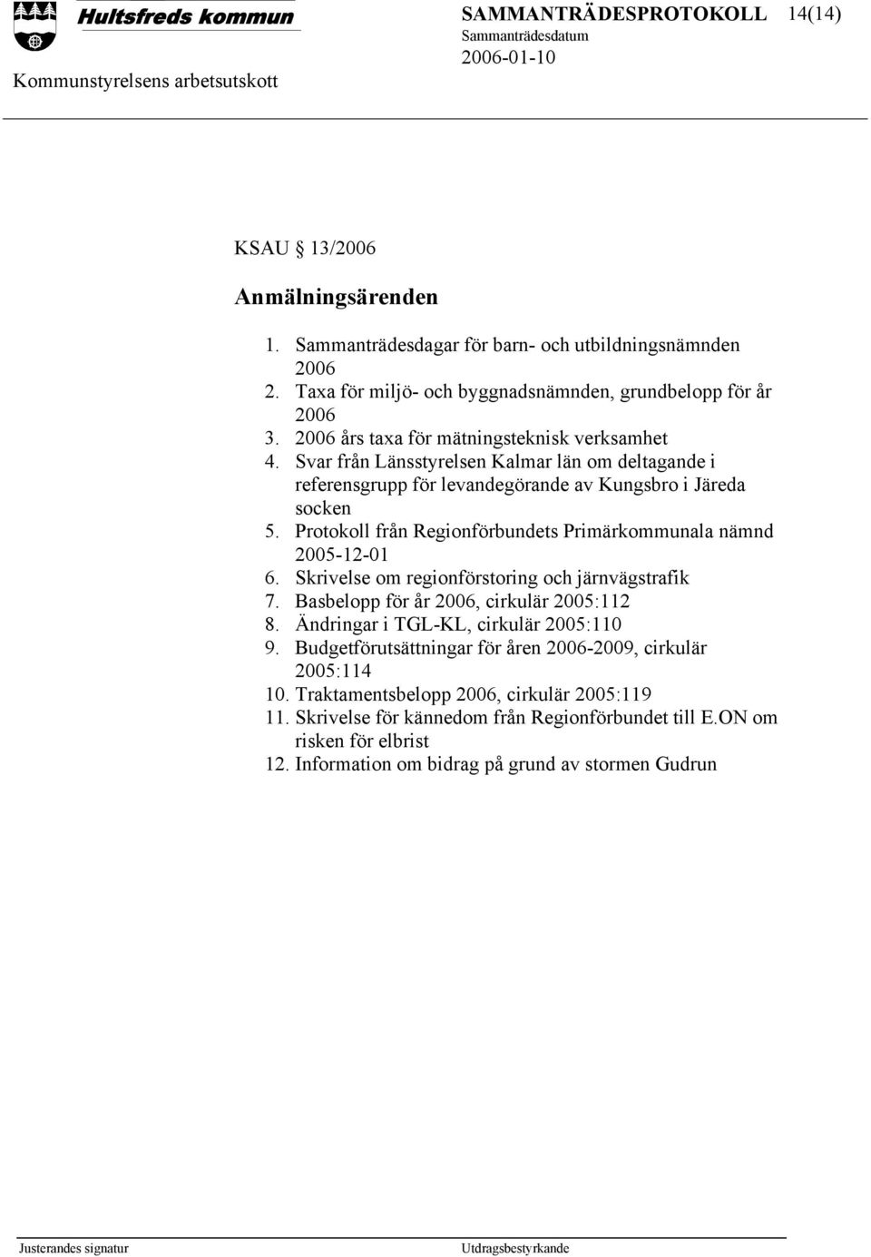Protokoll från Regionförbundets Primärkommunala nämnd 2005-12-01 6. Skrivelse om regionförstoring och järnvägstrafik 7. Basbelopp för år 2006, cirkulär 2005:112 8.
