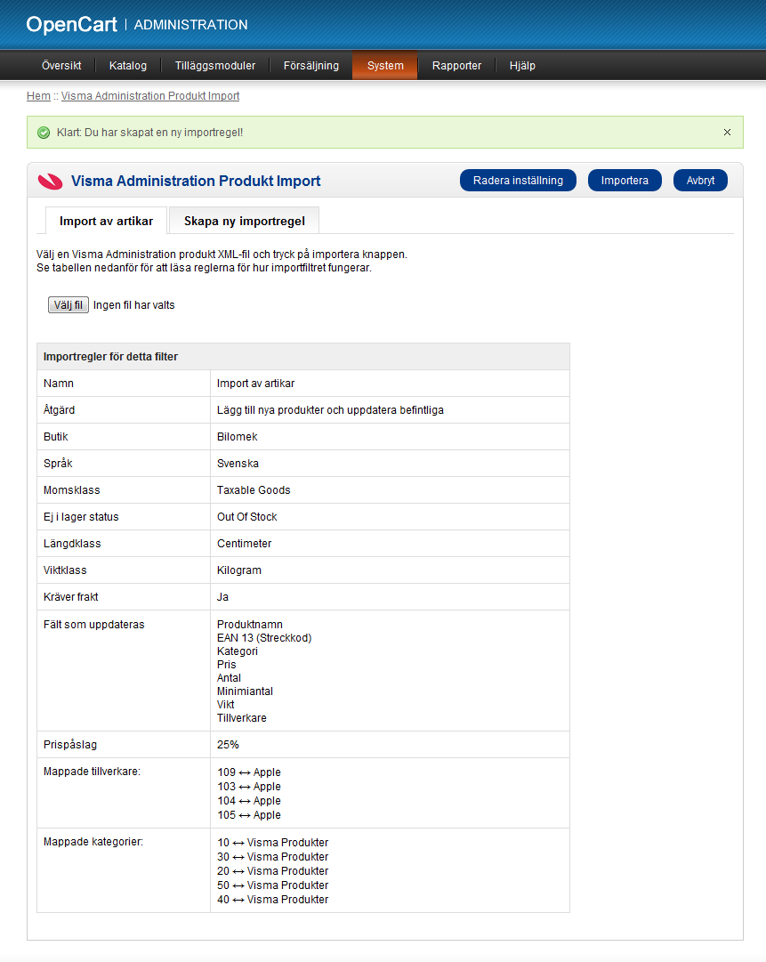 Skapa en importregel och kör en import (steg 3) Du har nu skapat en importregel som ser ur som på bilden nedan ungefär.