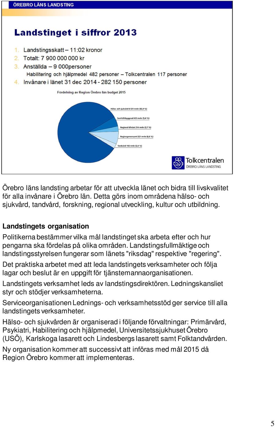 Landstingets organisation Politikerna bestämmer vilka mål landstinget ska arbeta efter och hur pengarna ska fördelas på olika områden.