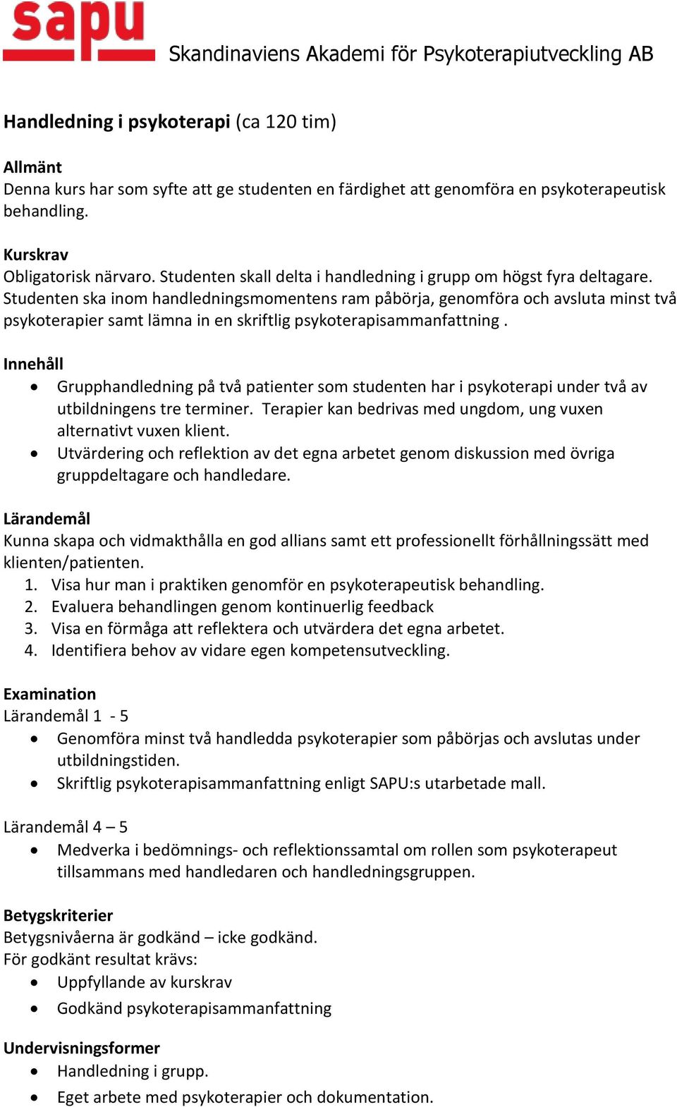 Studenten ska inom handledningsmomentens ram påbörja, genomföra och avsluta minst två psykoterapier samt lämna in en skriftlig psykoterapisammanfattning.