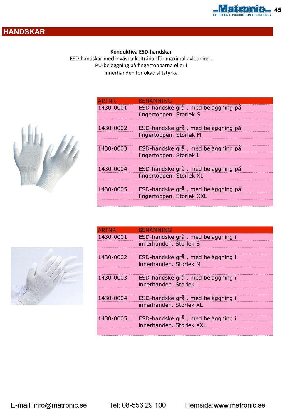 Storlek S 1430-0002 ESD-handske grå, med beläggning på fingertoppen. Storlek M 1430-0003 ESD-handske grå, med beläggning på fingertoppen.