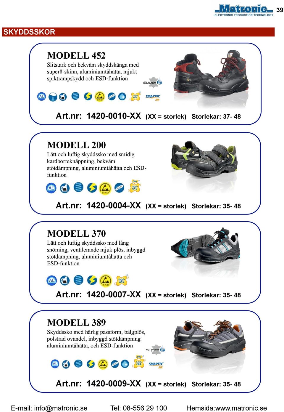 nr: 1420-0004-XX (XX = storlek) Storlekar: 35-48 MODELL 370 Lätt och luftig skyddssko med lång snörning, ventilerande mjuk plös, inbyggd stötdämpning, aluminiumtåhätta och