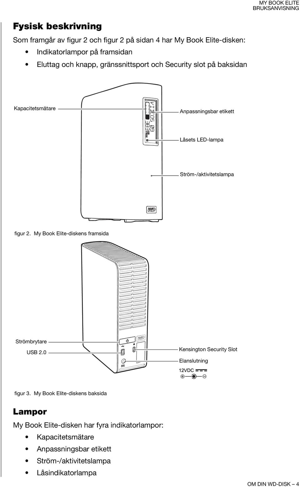 My Book Elite-diskens framsida Strömbrytare USB 2.0 Kensington Security Slot Elanslutning figur 3.