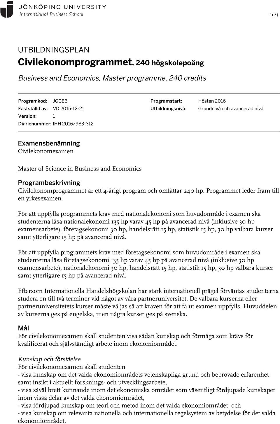 Civilekonomprogrammet är ett 4-årigt program och omfattar 240 hp. Programmet leder fram till en yrkesexamen.