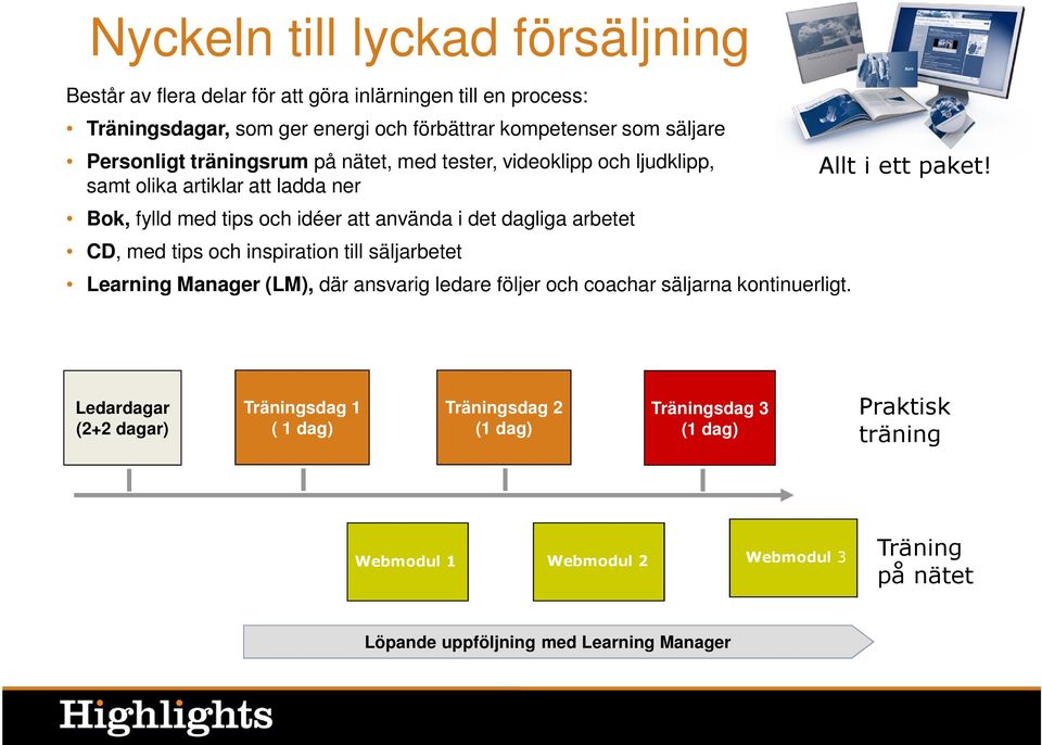 CD, med tips och inspiration till säljarbetet Learning Manager (LM), där ansvarig ledare följer och coachar säljarna kontinuerligt. Allt i ett paket!