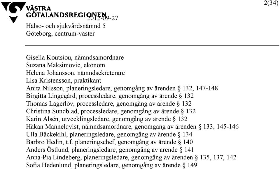 utvecklingsledare, genomgång av ärende 132 Håkan Mannelqvist, nämndsamordnare, genomgång av ärenden 133, 145-146 Ulla Bäckekihl, planeringsledare, genomgång av ärende 134 Barbro Hedin, t.f.