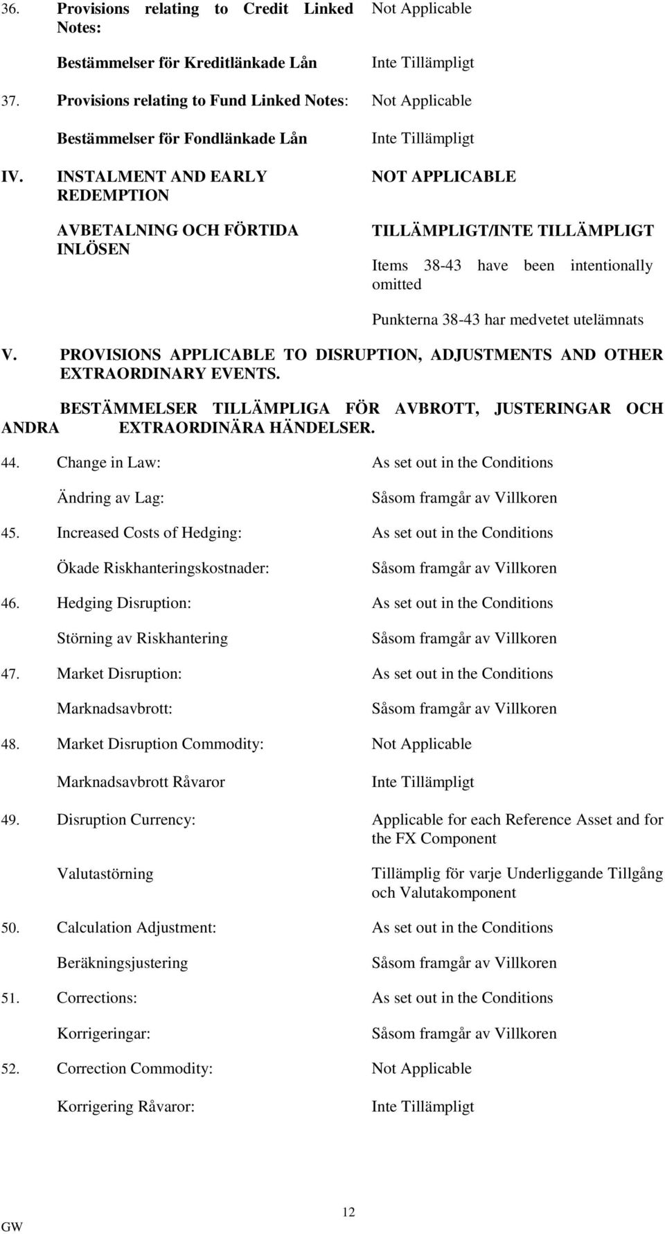 38-43 har medvetet utelämnats V. PROVISIONS APPLICABLE TO DISRUPTION, ADJUSTMENTS AND OTHER EXTRAORDINARY EVENTS. BESTÄMMELSER TILLÄMPLIGA FÖR AVBROTT, JUSTERINGAR OCH ANDRA EXTRAORDINÄRA HÄNDELSER.