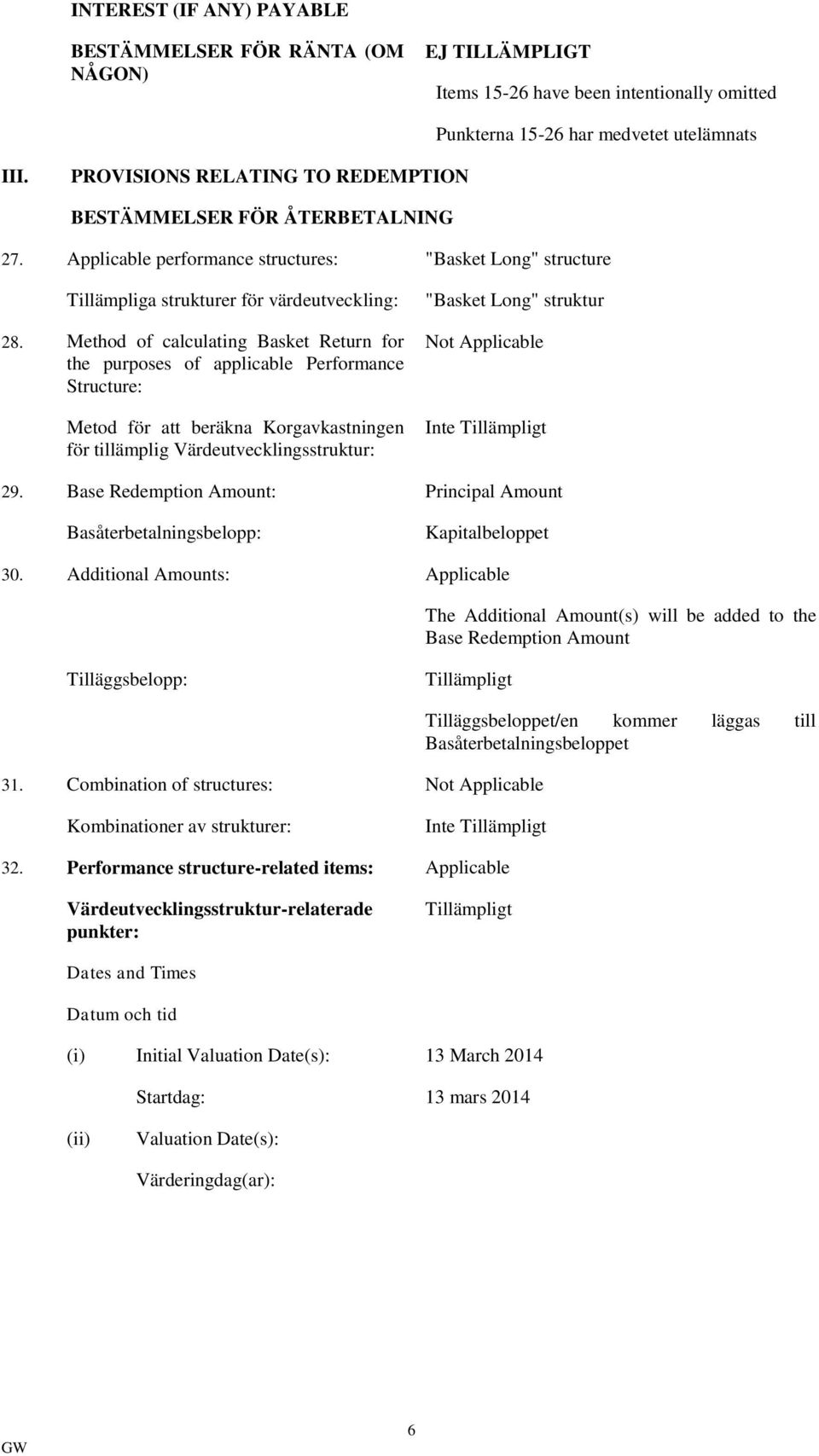 Method of calculating Basket Return for the purposes of applicable Performance Structure: Metod för att beräkna Korgavkastningen för tillämplig Värdeutvecklingsstruktur: "Basket Long" struktur Not