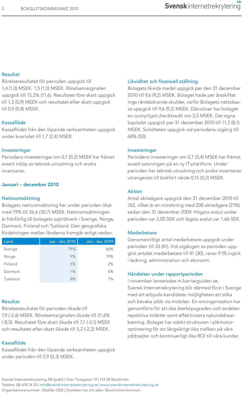 Kassaflöde Kassaflödet från den löpande verksamheten uppgick under kvartalet till 1,7 (2,4) MSEK.