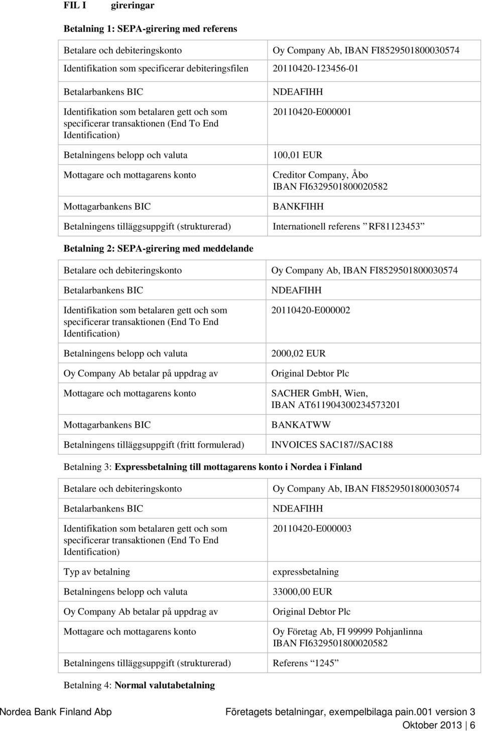 Betalningens tilläggsuppgift (strukturerad) NDEAFIHH 20110420-E000001 100,01 EUR Creditor Company, Åbo IBAN FI6329501800020582 BANKFIHH Internationell referens RF81123453 Betalning 2: SEPA-girering