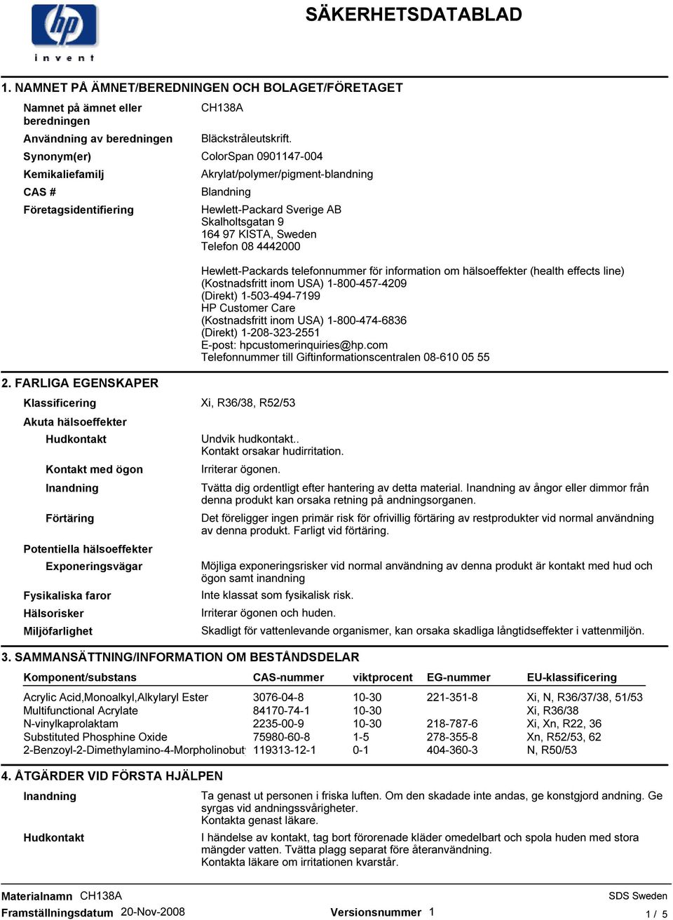 FARLIGA EGENSKAPER Akrylat/polymer/pigment-blandning Blandning Hewlett-Packard Sverige AB Skalholtsgatan 9 164 97 KISTA, Sweden Telefon 08 4442000 Klassificering Xi, R36/38, R52/53 Akuta