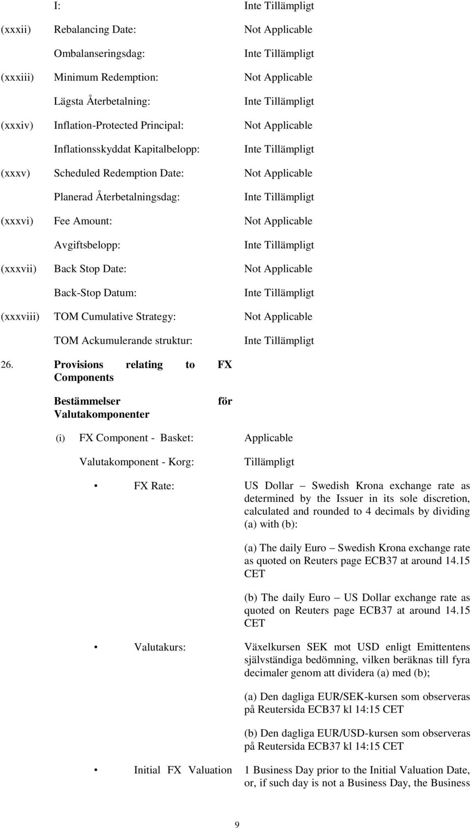 Back-Stop Datum: (xxxviii) TOM Cumulative Strategy: Not Applicable TOM Ackumulerande struktur: 26.