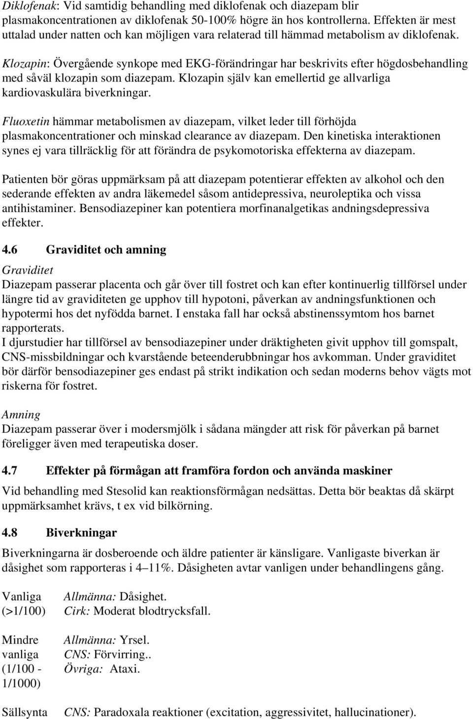 Klozapin: Övergående synkope med EKG-förändringar har beskrivits efter högdosbehandling med såväl klozapin som diazepam. Klozapin själv kan emellertid ge allvarliga kardiovaskulära biverkningar.