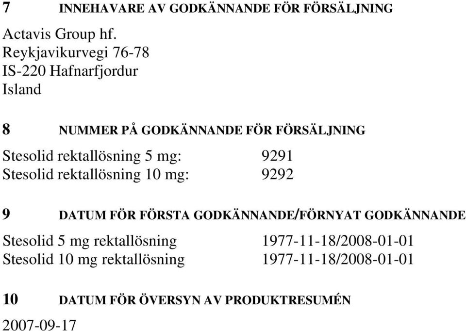 rektallösning 5 mg: 9291 Stesolid rektallösning 10 mg: 9292 9 DATUM FÖR FÖRSTA GODKÄNNANDE/FÖRNYAT