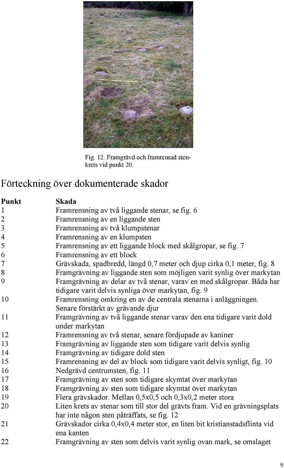 7 6 Framrensning av ett block 7 Grävskada, spadbredd, längd 0,7 meter och djup cirka 0,1 meter, fig.