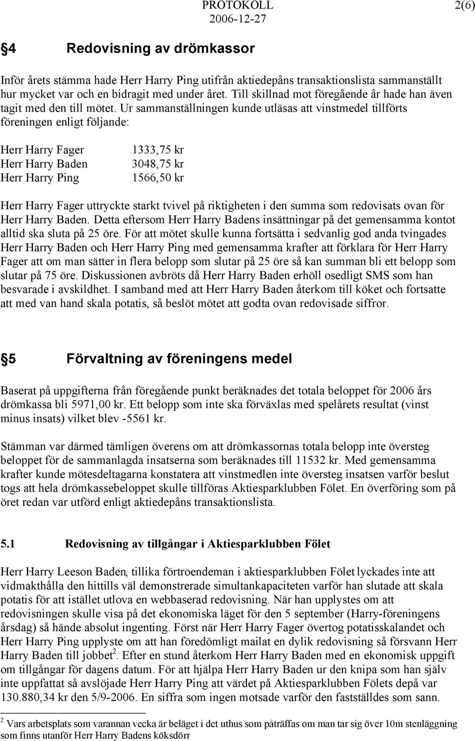 Ur sammanställningen kunde utläsas att vinstmedel tillförts föreningen enligt följande: Herr Harry Fager Herr Harry Baden Herr Harry Ping 1333,75 kr 3048,75 kr 1566,50 kr Herr Harry Fager uttryckte