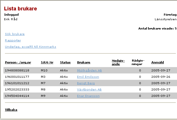 Sida 9(53) Startbild Lista brukare Lista brukare Första bilden som du kommer till när du loggat in är Lista brukare.