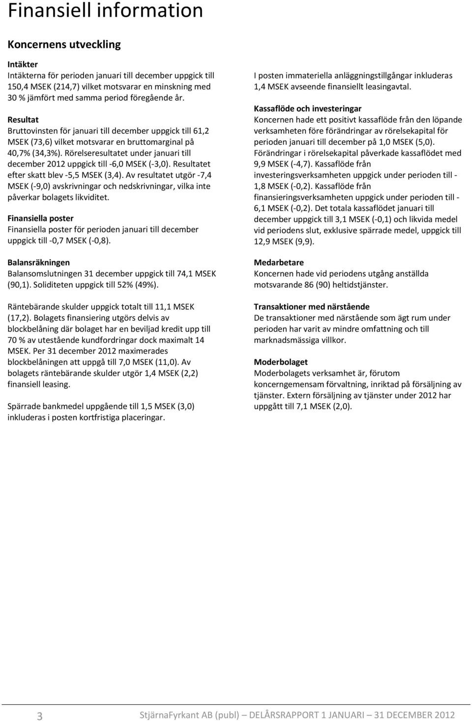 Rörelseresultatet under januari till december uppgick till -6,0 MSEK (-3,0). Resultatet efter skatt blev -5,5 MSEK (3,4).