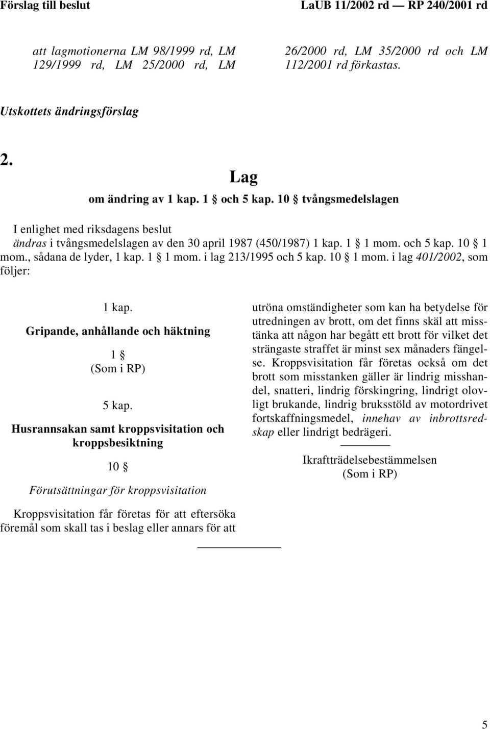 och 5 kap. 10 1 mom., sådana de lyder, 1 kap. 1 1 mom. i lag 213/1995 och 5 kap. 10 1 mom. i lag 401/2002, som följer: 1 kap. Gripande, anhållande och häktning 1 (Som i RP) 5 kap.