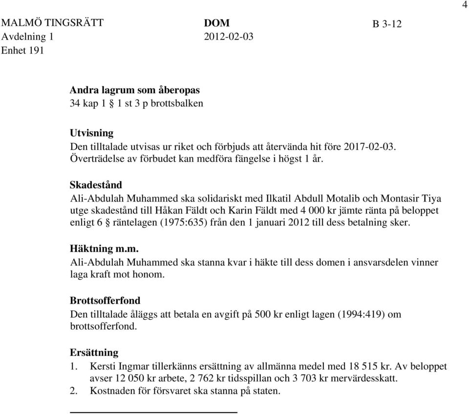 Skadestånd Ali-Abdulah Muhammed ska solidariskt med Ilkatil Abdull Motalib och Montasir Tiya utge skadestånd till Håkan Fäldt och Karin Fäldt med 4 000 kr jämte ränta på beloppet enligt 6 räntelagen