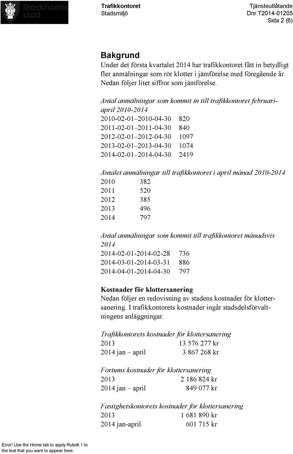 2014-04-30 2419 Antalet anmälningar till trafikkontoret i april månad 2010-2014 2010 382 2011 520 2012 385 2013 496 2014 797 Antal anmälningar som kommit till trafikkontoret månadsvis 2014