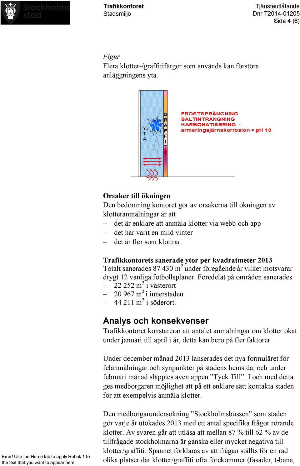 som klottrar. Trafikkontorets sanerade ytor per kvadratmeter 2013 Totalt sanerades 87 430 m 2 under föregående år vilket motsvarar drygt 12 vanliga fotbollsplaner.