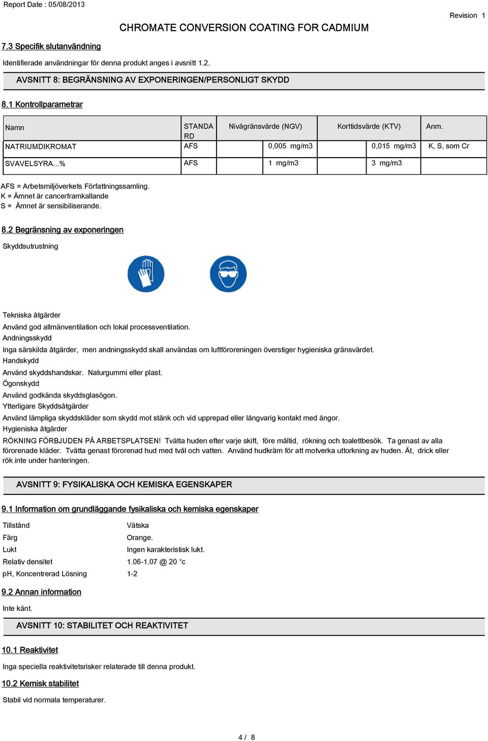 ..% AFS 1 mg/m3 3 mg/m3 AFS = Arbetsmiljöverkets Författningssamling. K = Ämnet är cancerframkallande S = Ämnet är sensibiliserande. 8.